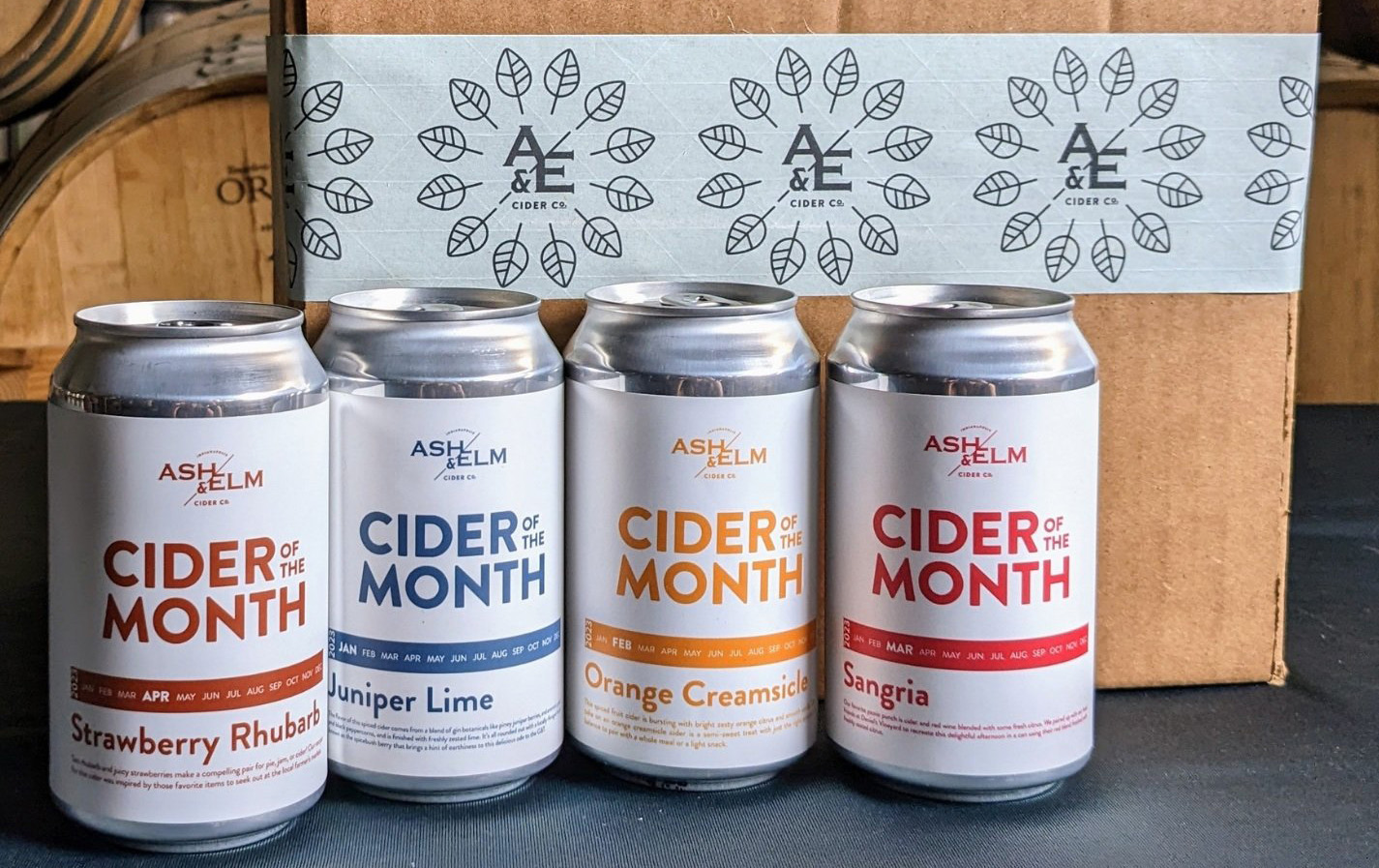 Ash and Elm Shpping Cider Ash & Elm cider cans in front of shipping box